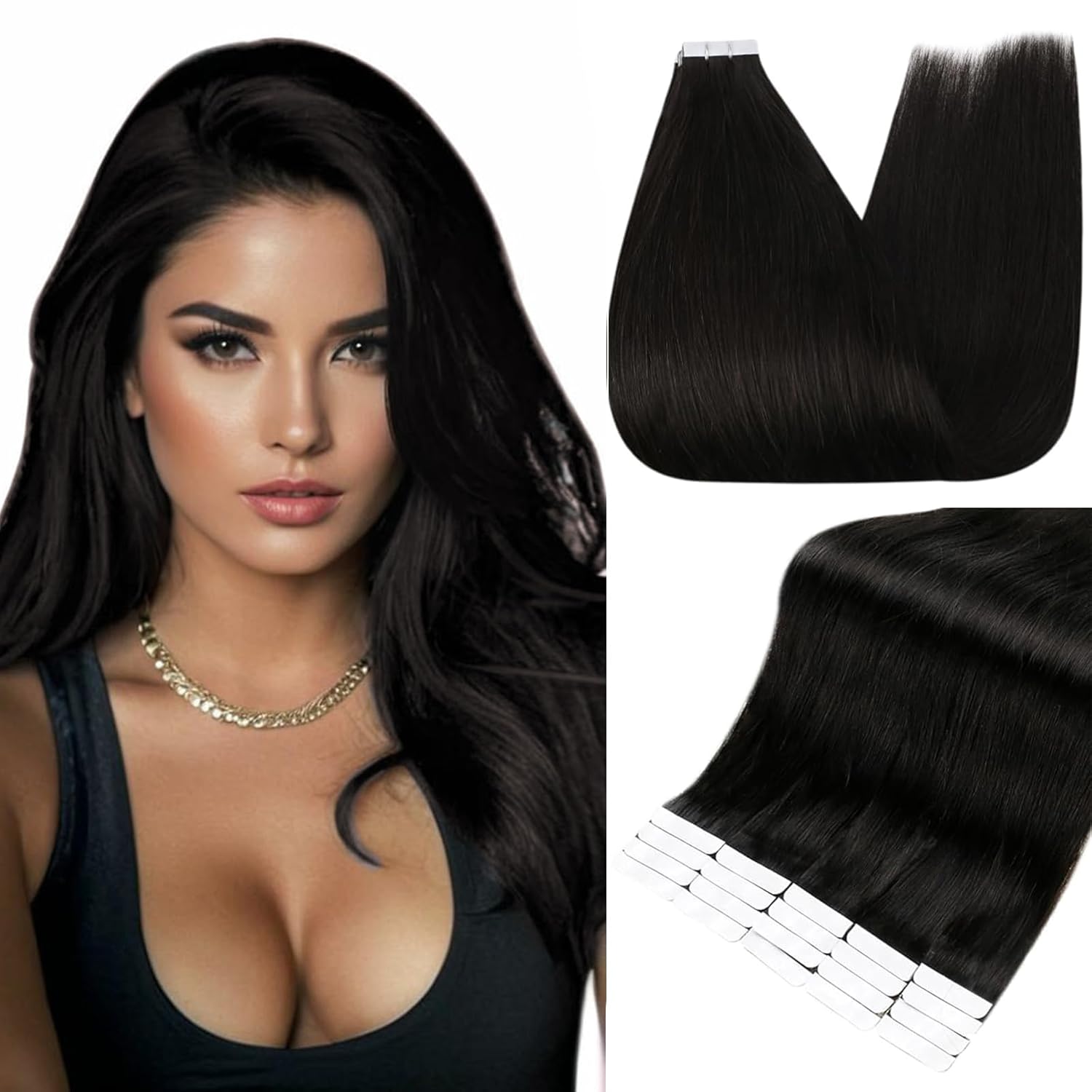 Full Shine Tape in Hair Extensions Black 18 Inch Straight Color 1B Natural Off Black Invisible Seamless Tape in Extensions Human Hair 50 Grams 20PCS Straight Remy Extensions for Women Real Hair