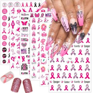 6Sheets Breast Cancer Awareness Nail Stickers - Self-Adhesive Pink Ribbon Decals for Women - DIY Nail Art Design Supplies with 'Love Heart' & 'Letter' Themes