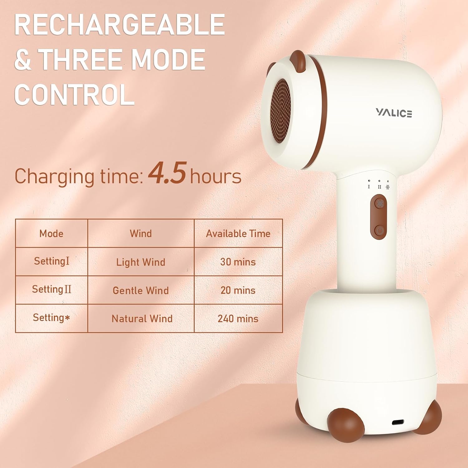 Rechargeable Cordless Baby Hair Dryer for Infants and Toddlers 0-3 Years, Gentle Low Heat, 3 Speeds, Khaki - Image 5