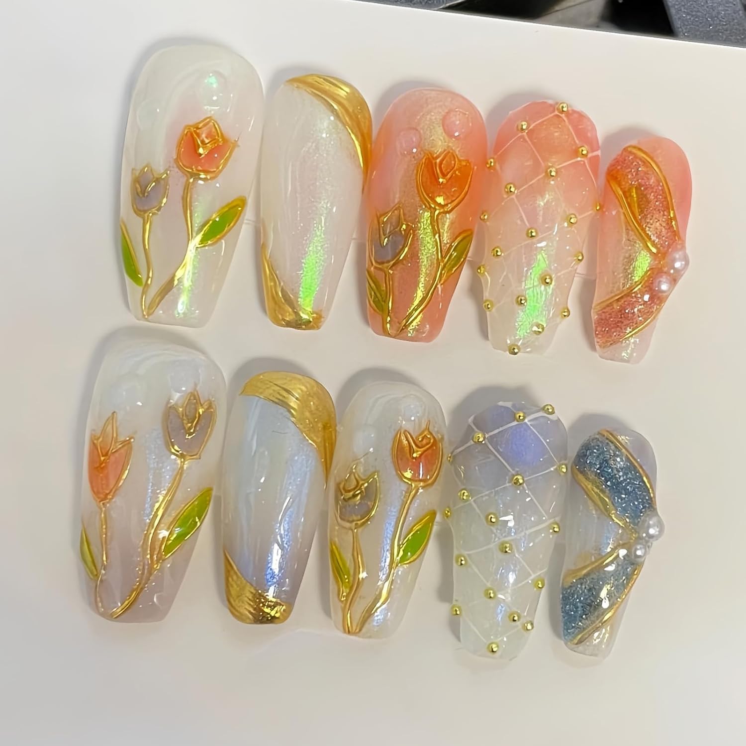 10 Piece Medium Nude Pink Glossy French Tip Reusable Acrylic Press On Nails - Image 2