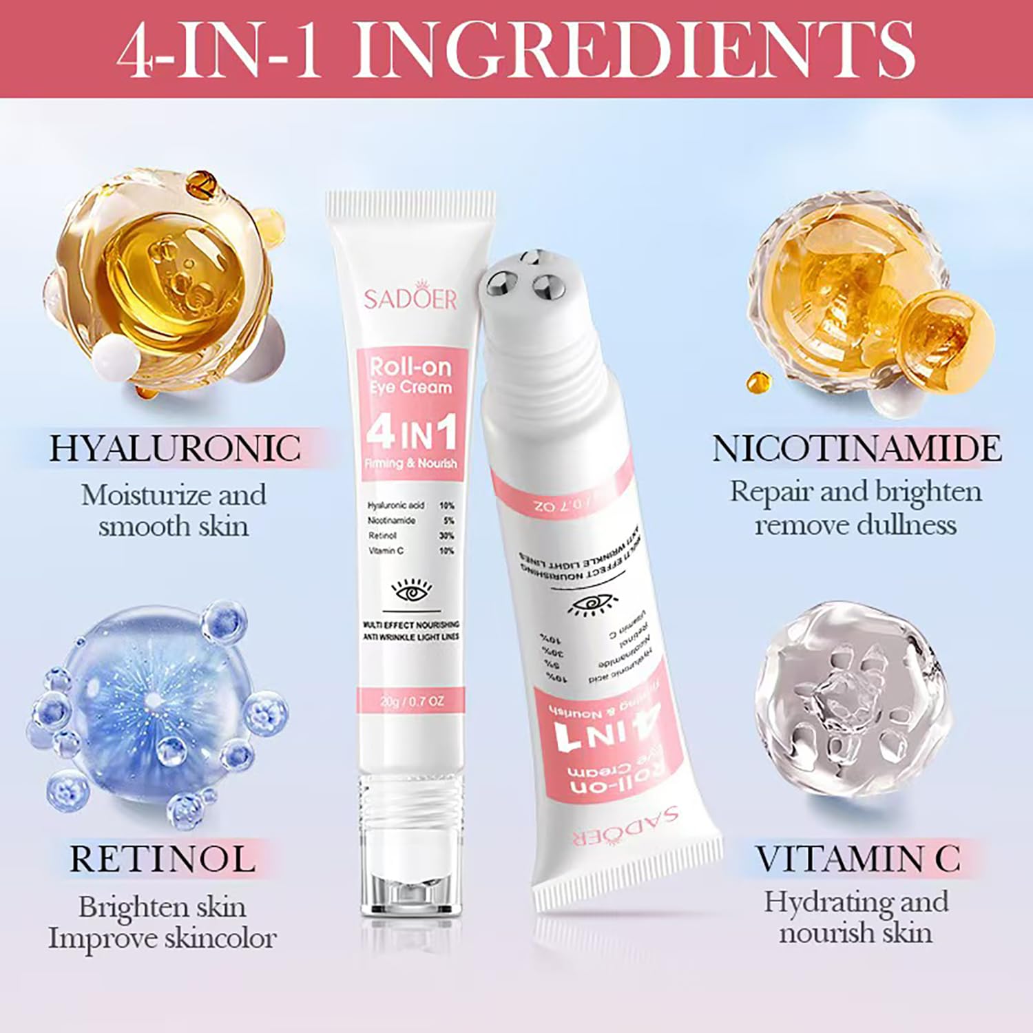 Eye Cream with 10% Hyaluronic Acid, 5% Nicotinamide, 30% Retinol, 10% Vitamin C for Puffy Eye Bags Fine Lines Dark Circles Wrinkles, Under Eye Cream with 360° Eye Roller Massage Ball, 0.7 fl. oz - Image 4