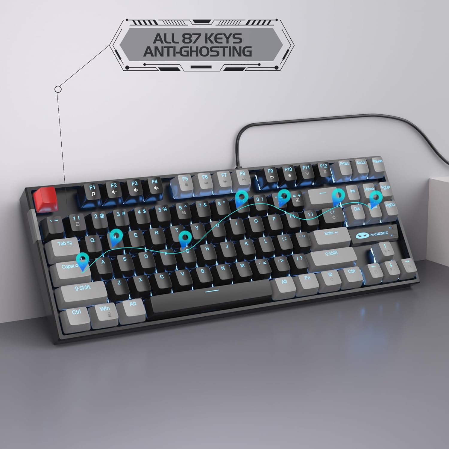 MageGee 75% Mechanical Gaming Keyboard, Red Switch, LED Blue Backlit, 87 Keys Compact TKL Wired Computer Keyboards for Windows Laptop PC Gamer - Black/Grey - Image 5