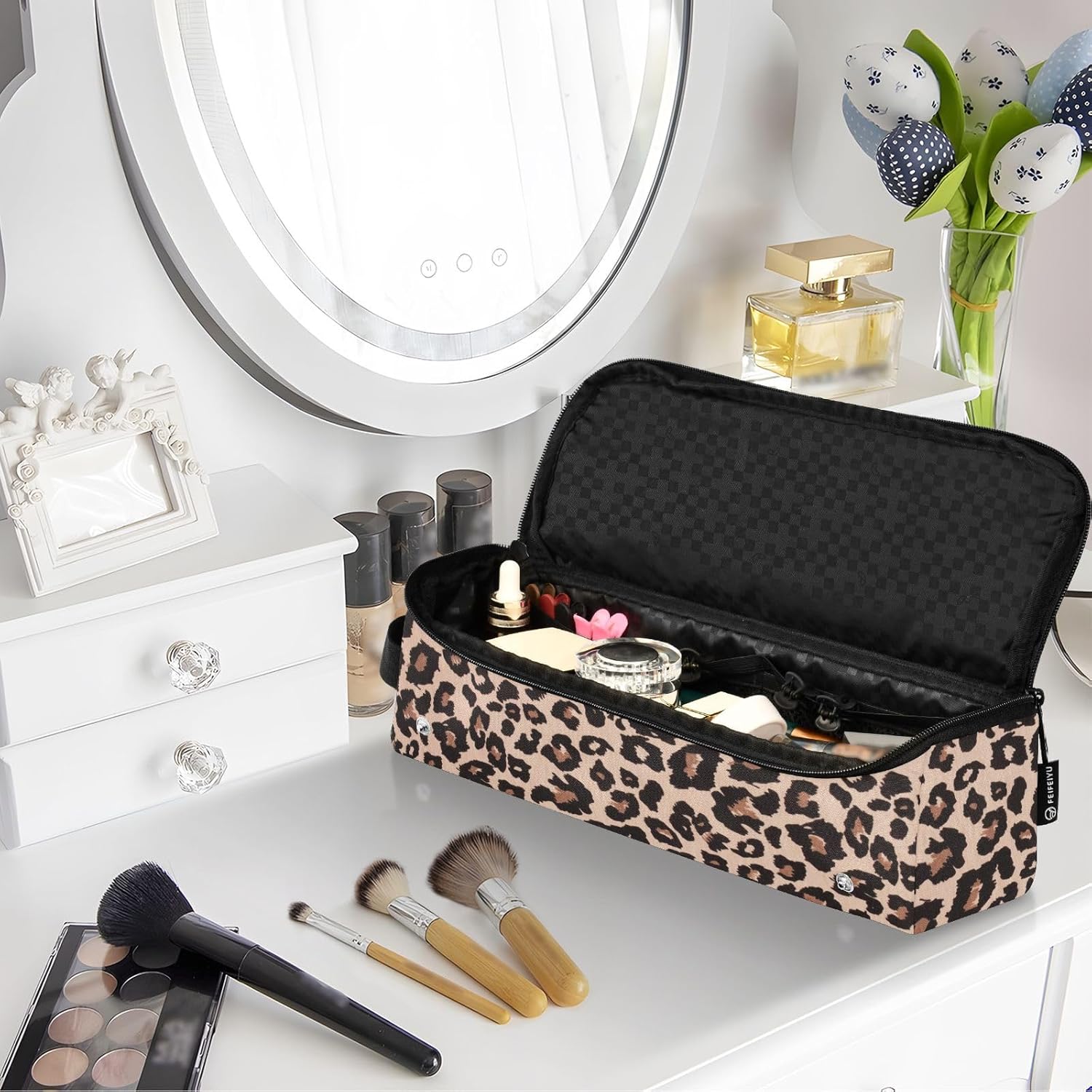 Leopard Print Brown Heat Resistant Travel Bag with Mat for Curling Irons - Image 7