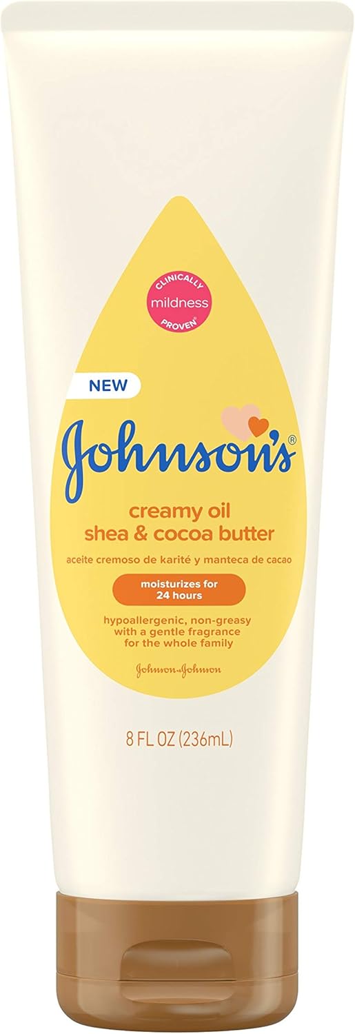 Johnson's Baby Creamy Oil for Baby with Shea & Cocoa Butter, Moisturizing Body Lotion with Gentle Fragrance, Hypoallergenic, Non-Greasy, Paraben-Free, Phthalate-Free and Dye-Free, 8 fl. oz