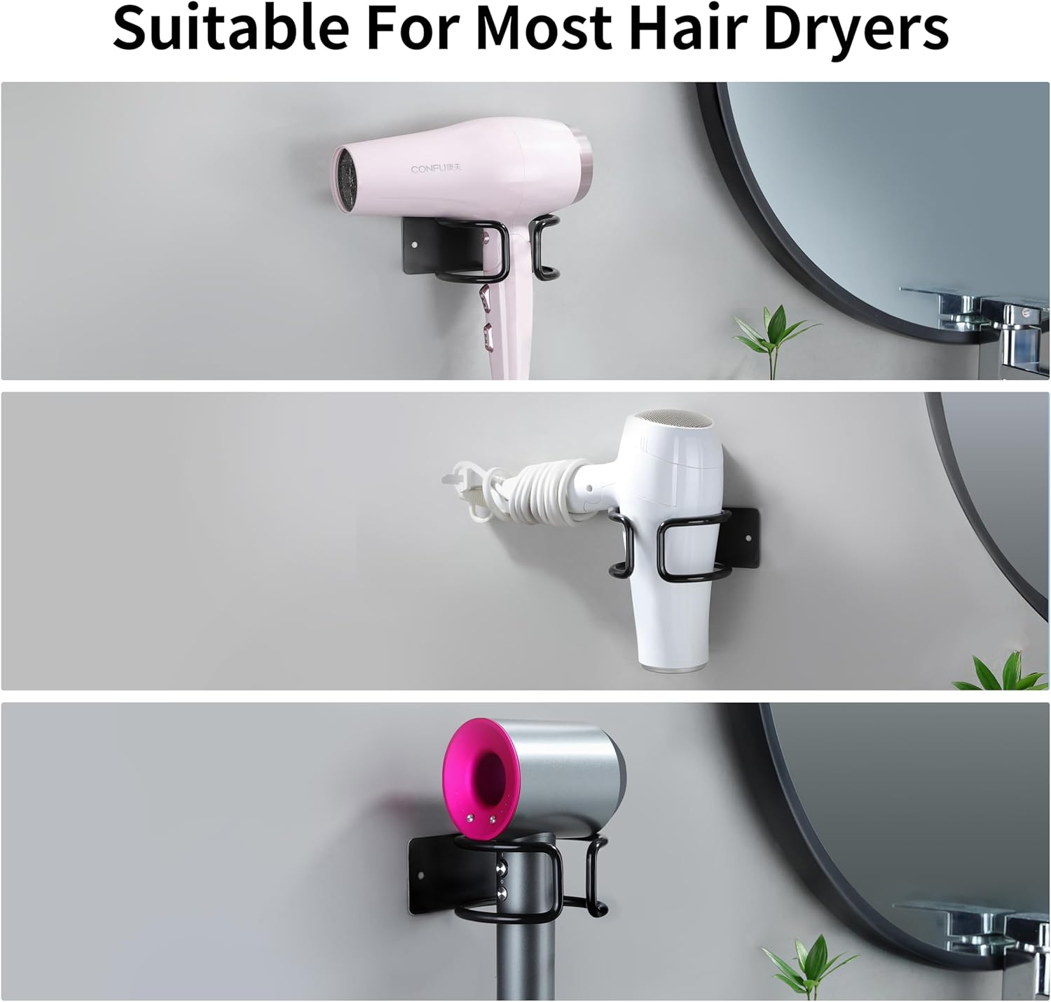 YIGII Universal Hair Dryer Holder Wall Mounted, Self Adhesive Blow Dryer Hanger Compatible with Most Hair Dryers, Stainless Steel Hairdryer Holder Rack for Bathroom Cabinet (Black) - Image 3