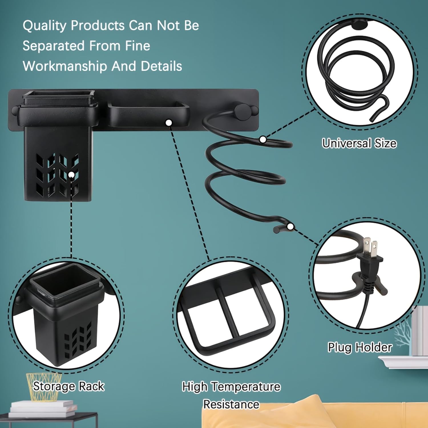 Hair Dryer Holder Wall Mounted, Blow Dryer Rack Holder, Bathroom Bedroom Hair Styling Beauty Care Tools Organizer Storage Basket for Flat Iron, Curling Wand, Hair Straightener (Black) - Image 3