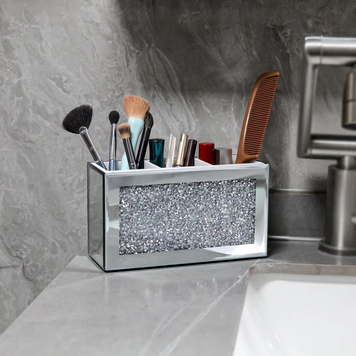 SWTHONY Silver Makeup Brush Holder Organizer, Bling 3 Slot Crushed Diamond Crystal Mirrored Cosmetic Brushes Storage, Eyeliners Eyebrow Pencil Display Case - Image 3