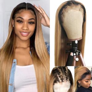 Ombre Honey Blonde Human Hair Wigs with Dark Roots 16 Inch 1B27 13x6 HD Lace Frontal Wig 2 Tones Brazilian Real Hair Pre Plucked 150% Density Glueless Transparent Wigs for Women