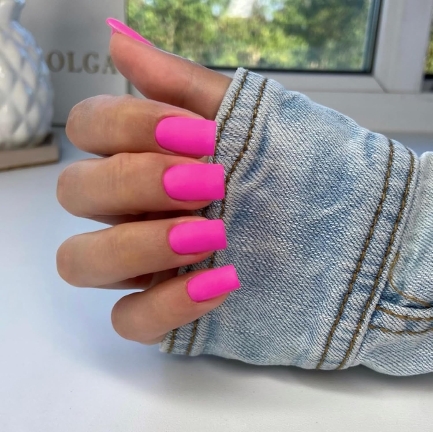 Matte Hot Pink Press on Nails Short Medium Square Glue on Nails Set,KQueenest Solid Color Fake Nails Short Coffin Acrylic Nails Press on Gel Nails for Women Reusable False Nails in 24 Pcs