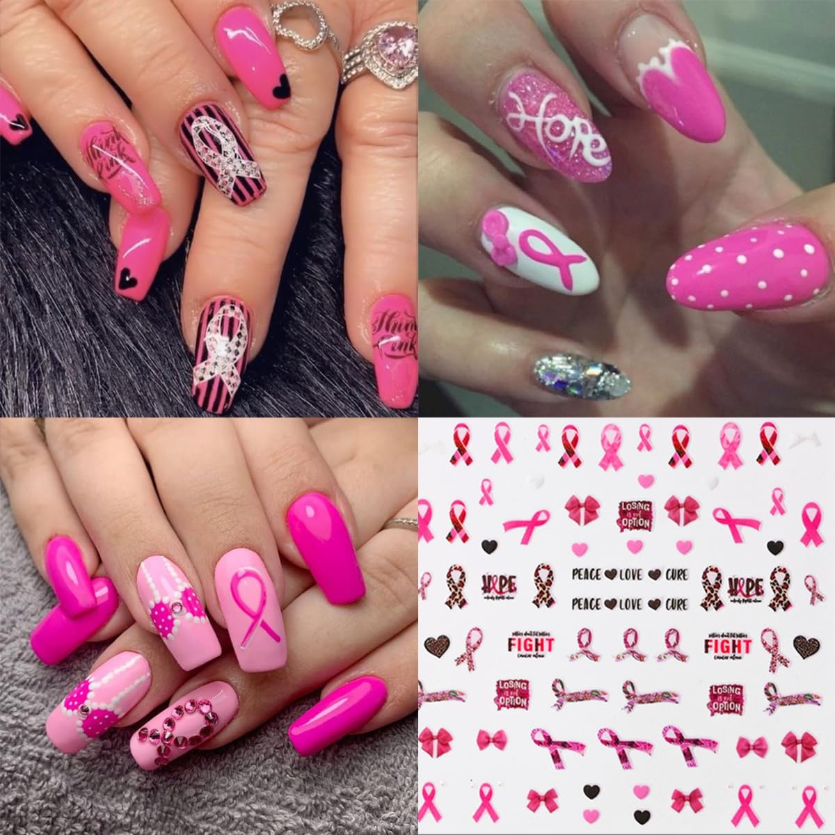 Breast Cancer Nail Art Stickers Pink Ribbon Nail Decals 3D Love Heart Bow Self-Adhesive Nail Design Sticker Breast Cancer Awareness Nail Art Supplies Sticker for Women DIY Manicure Decor Tips 6Sheets - Image 6