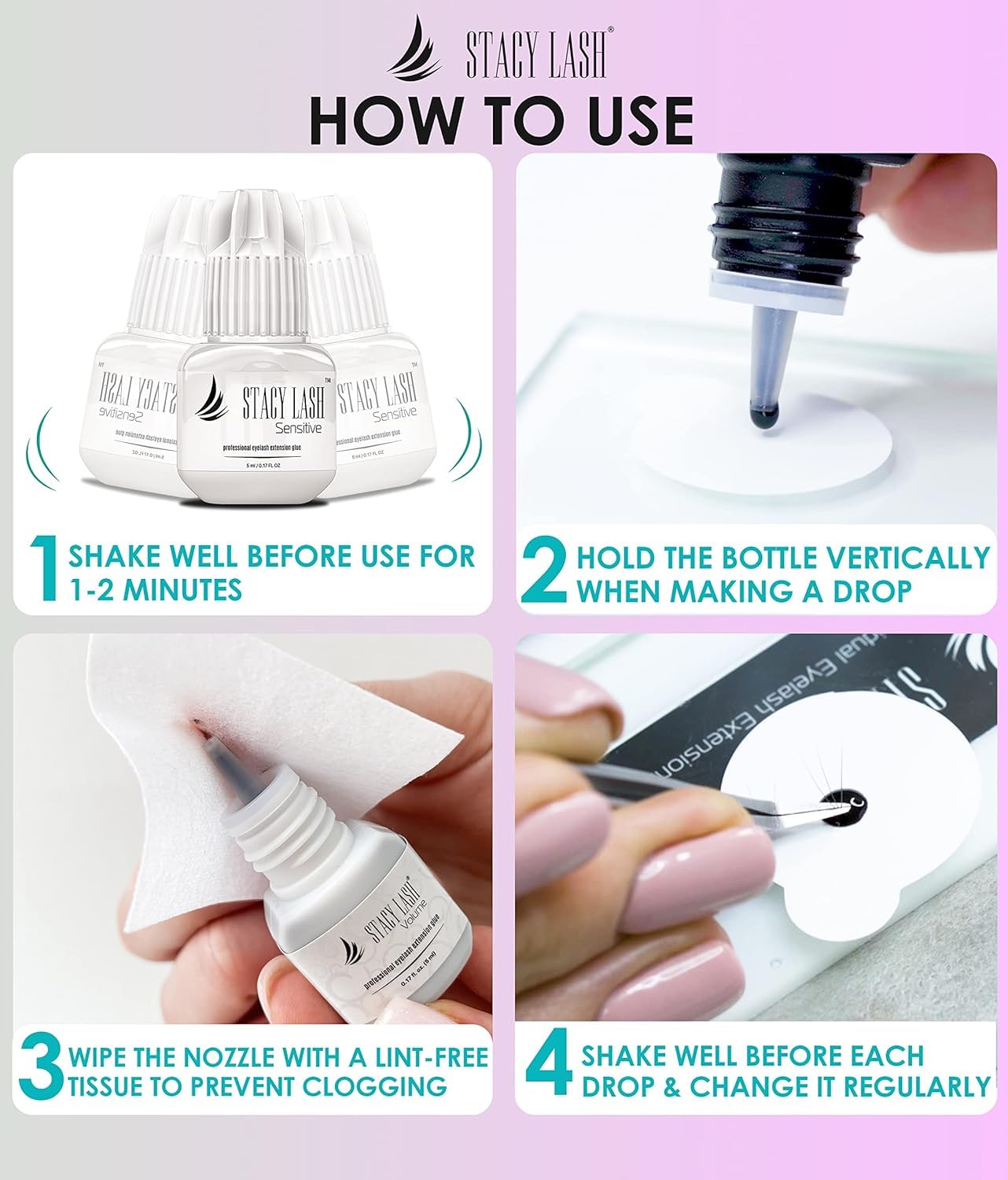 Sensitive Eyelash Extension Glue Stacy Lash 0.17fl.oz/5ml / 5-6 Sec Drying time/Retention – 4-5 Weeks/Black Adhesive/Professional Supplies - Image 7