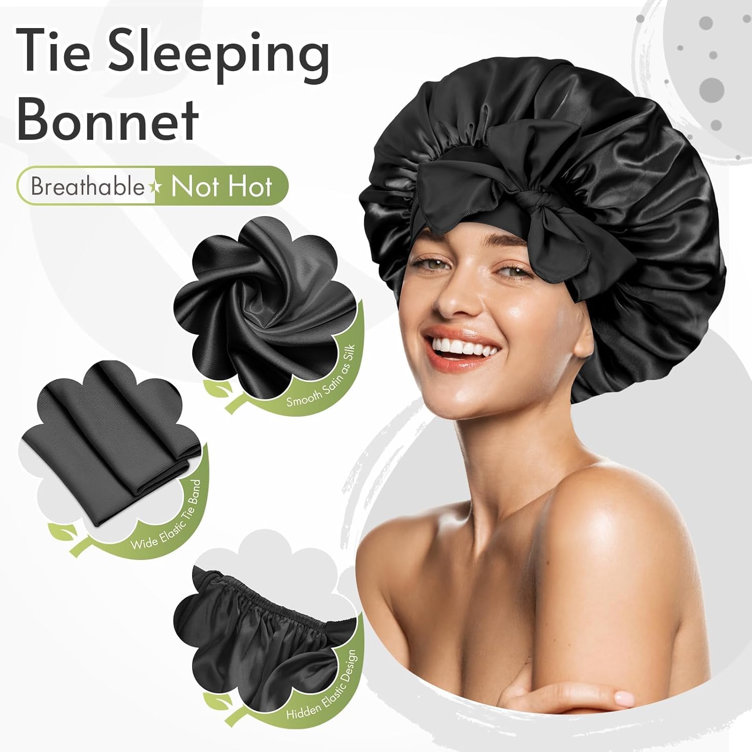 Bonnet Queen Silk Bonnet Satin Bonnet Hair Bonnet for Sleeping Night Sleep Hat with Tie Band Black Bonnet with Head Wrap for Women Natural Hair - Image 3