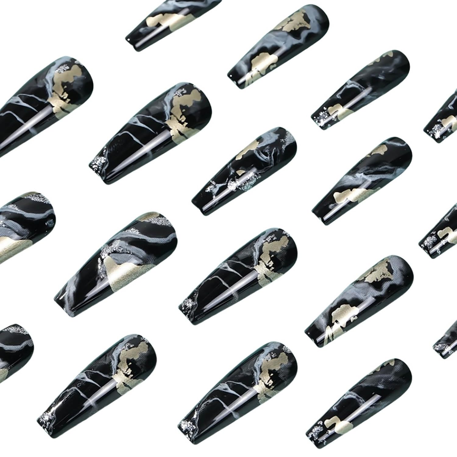 Medium Press on Nails Coffin Fake Nails Black Ombre Glue on Nails Marble Nails Press ons Glitter Acrylic Press on Nail Swirl Artificial Nails Glossy Stick on Nails for Women and Girls 24Pcs - Image 5
