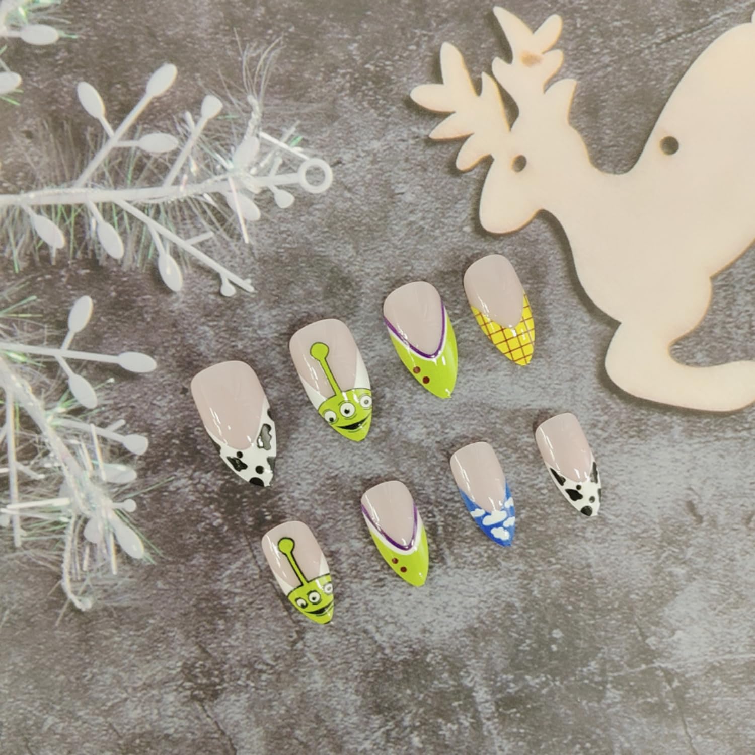 24Pcs Almond Press on Nails Short Fake Nails Summer Reusable False Nails with Cute Cartoon Pattern Design Artificial Acrylic Nails Press ons Holiday Glue-Free Nails Halloween Nails for Women - Image 5