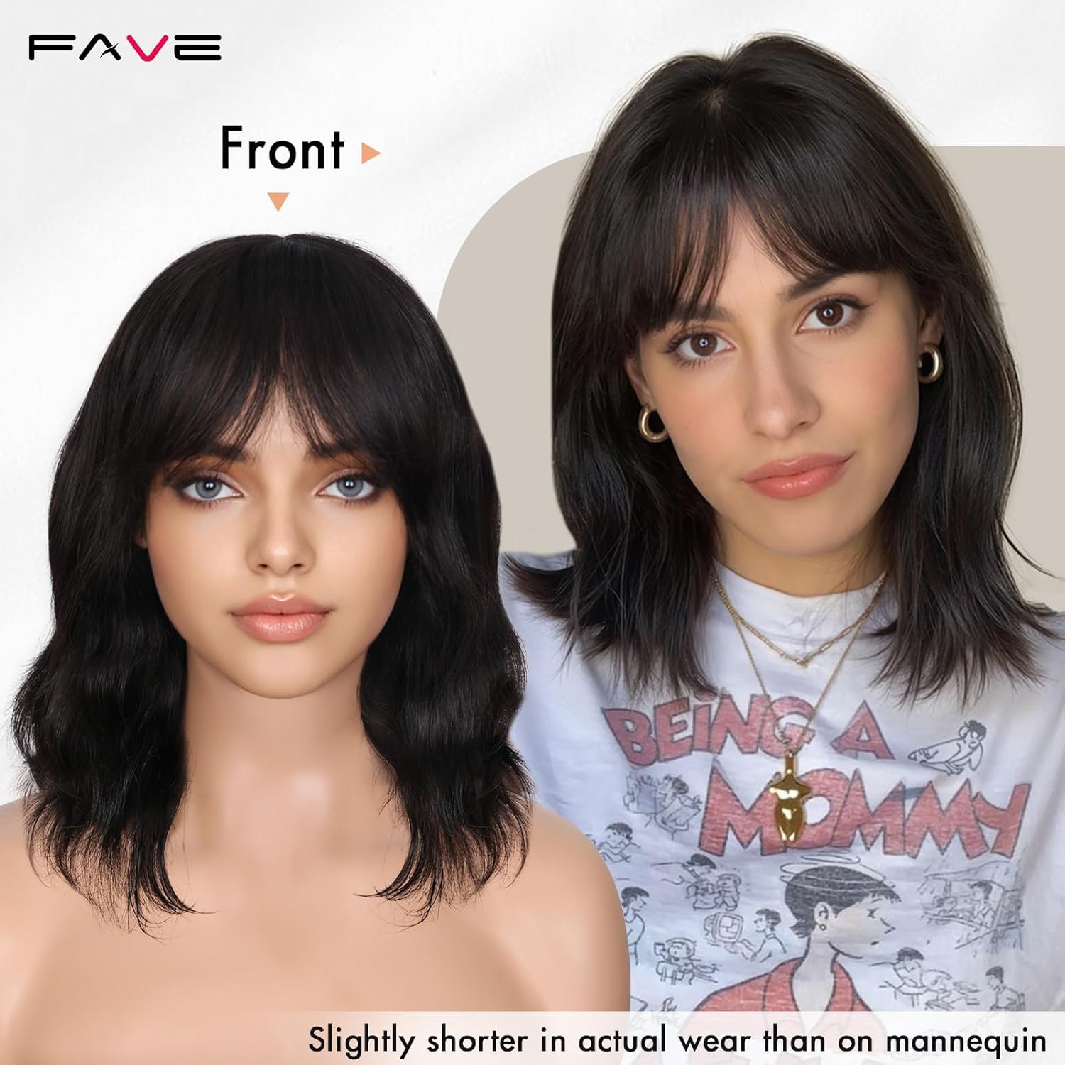 FAVE Natural Wave Human Hair Wigs with Bangs 12" Brazilian Virgin Human Hair 1×3 HD Lace Top Wig Bob Wig with Bangs Glueless Black Wigs Easy Install - Image 3