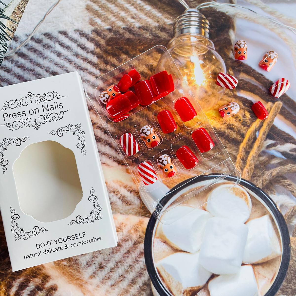 Christmas Press on Nails Short Christmas Fake Nails Cute Reindeer Acrylic Nails with Red Stripe Design Christmas Glue on Nails Winter Stick on Nails Full Cover Artificial False Nails for Women 24Pcs - Image 3