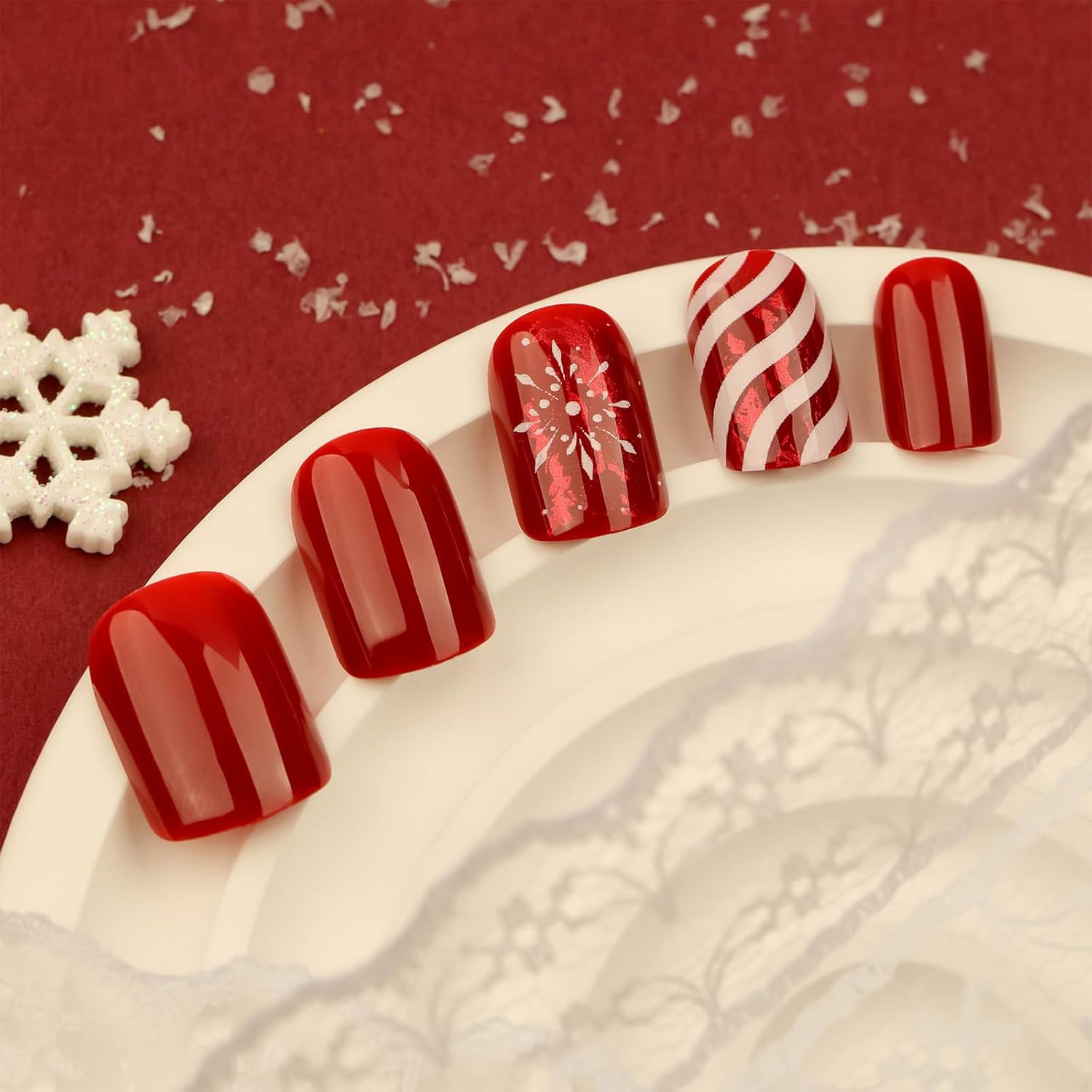 Christmas Snowflake Press on Nails Glossy Red Curve Line Acrylic Fake Nails 24Pcs Candy Stripes False Nails Gel Glue on Nails for Manicure Snowflake Stick on Short Square Nails for New Years Gifts - Image 2