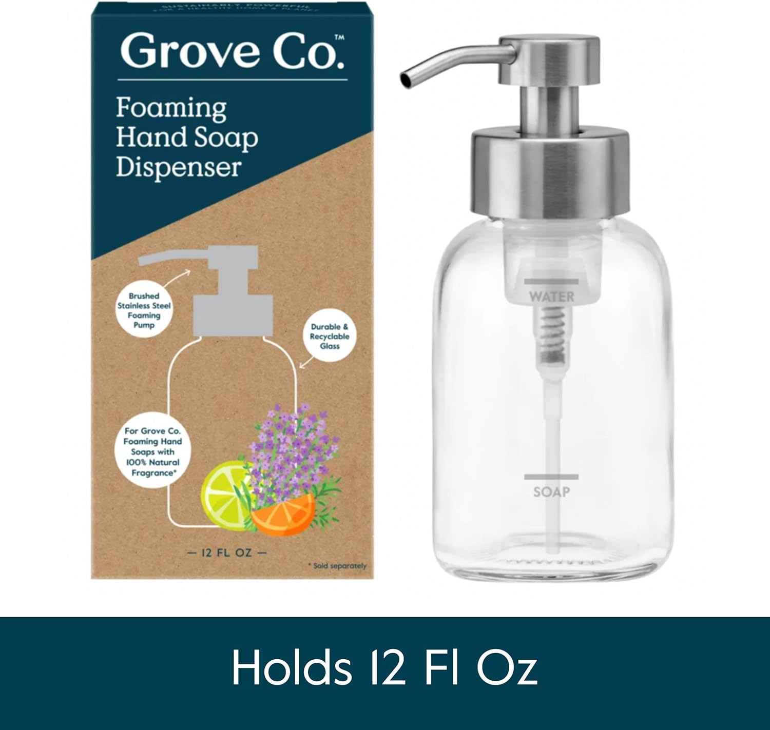 Grove Co. Foaming Soap Dispenser, 2 x Refillable Glass Bottles with Stainless Steel Pump, Reusable Liquid Hand Soap Set for Kitchen or Bathroom, Square Base, Reduce Plastic Waste - Image 2