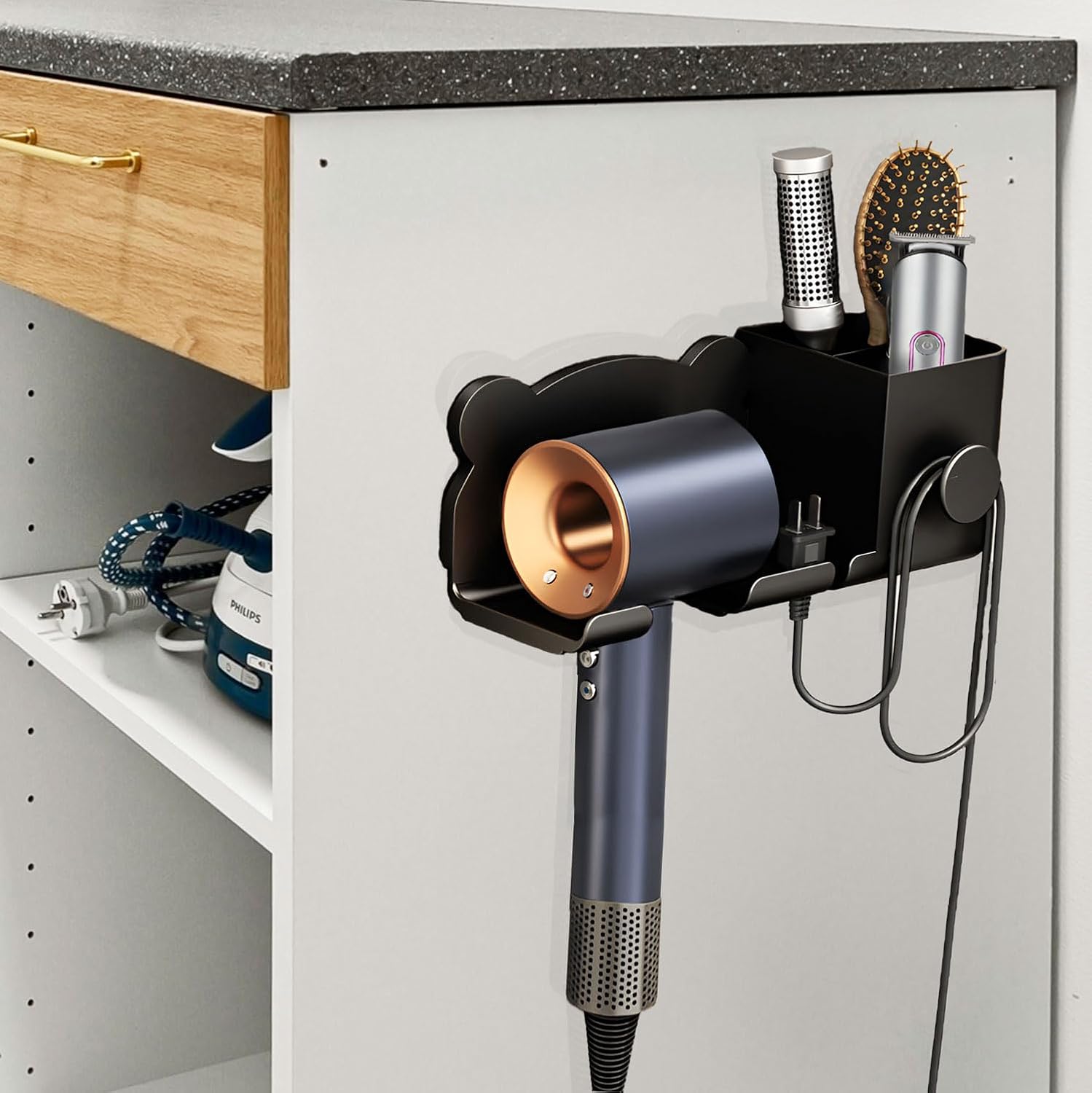 Universal Hair Dryer Holder, Blow Dryer Hanger Wall Mount for Hair Dryer Hook with Plug&Cord Organizer Self Adhesive for Cabinet Bathroom, black, LZ-001 - Image 6