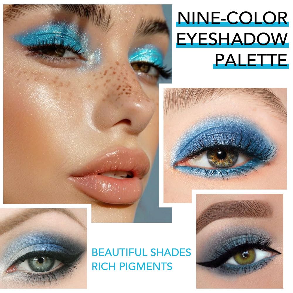 9 Color Blue Smoky Matte Shimmer Eyeshadow Palette High Pigmented Eye Makeup Powders - Image 3