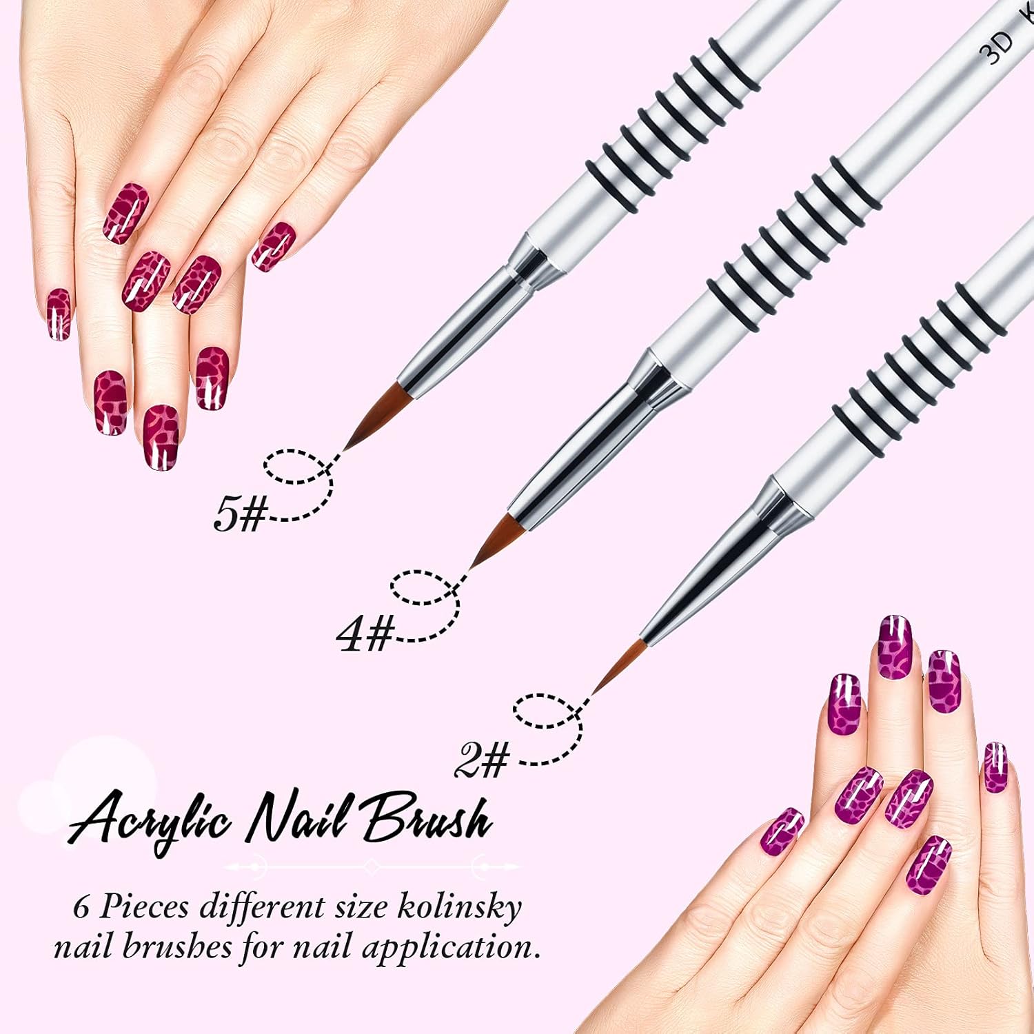 6 Pcs 3D Kolinsky Acrylic Nail Art Brush Set Acrylic Powder Sculpture Painting Brush pen Size 2/4/5 with Silver Metal Nonslip Grip Handle for 3D Nail Art Flower Design - Image 2