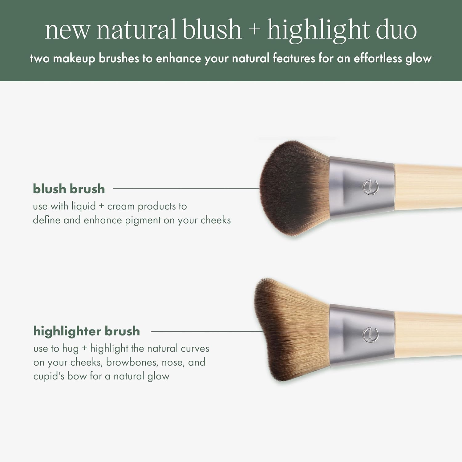 EcoTools Blush + Highlight Brush Duo, Makeup Brushes For Liquid, Cream, & Powder Highlight & Blush, Enhance Natural Skin, Eco-Friendly Makeup Brush Set, Synthetic Bristles, 2 Piece Set - Image 3