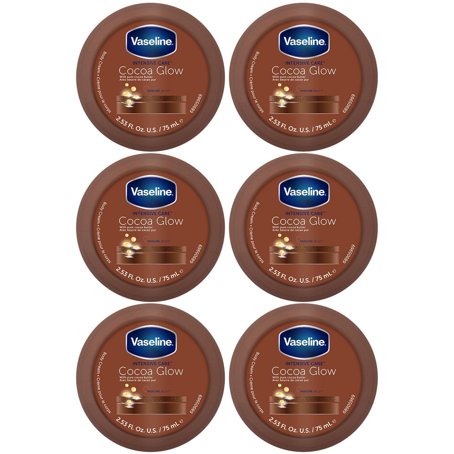 Vaseline Cocoa Glow Body Cream 6-Pack – Pure Cocoa Butter 48H Moisturizing Cream for Dry Skin, Travel-Size, 2.53 Fl Oz Ea