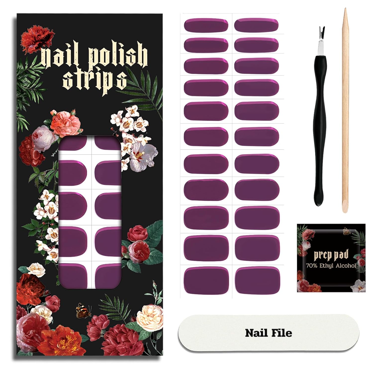 Nail Polish Strips - 22 Pcs Salon Quality Gel Nail Stickers - Long Lasting Wraps (Berry Wine Violet)