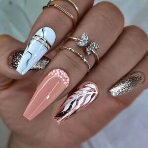 Rose Gold Glitter Press on Nails Square Extra Long Ballerina Fake Nails White Leaves Marble Pattern False Nails with Rhinestones Design Reusable Full Cover Artificial Nails with Glue Stick on Nails