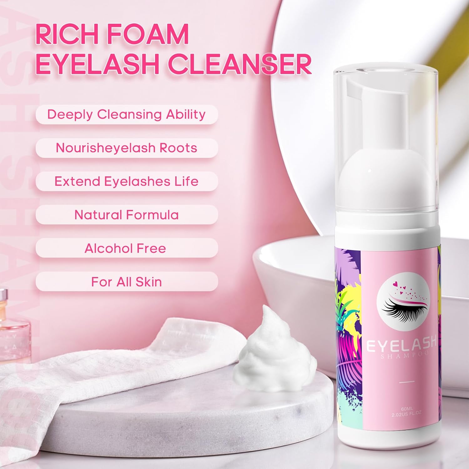 Buqikma Lash Cleaning Kit - Lash Shampoo Kit Eyelash Extension Cleanser for Extensions 60ML with Rechargeable Handheld Lash Fan Dryer Mascara Brush Rinse Bottle Makeup Cleansing Foam for Lash Care - Image 2