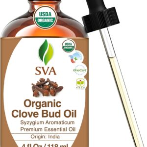SVA Clove Essential Oil Organic – 4 Fl Oz – 100% Natural Organic Clove Oil - for Diffuser, Hair Care, Face, Skin Care, Aromatherapy, Scalp and Body Massage, Soap and Candle Making - with Dropper