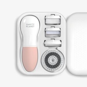 Raedia Daily Facial Cleansing Brush with 4 Interchangeable Brush Heads by Vanity Planet - Handheld, Lightweight for Glowing Skin - Water Resistant Face Exfoliator - Dusty Pink
