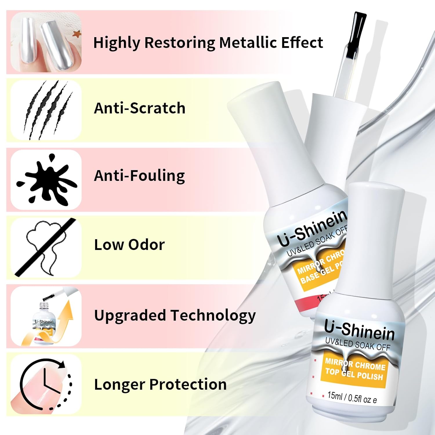 15ml Top Coat for Metallic Painting Gel, No Wipe Top Gel Polish for Metallic Gel Nail Polish, Chrome Nail Polish, Chrome Nail Powder, Mirror Nail Gel, Easy to Make Mirror Chrome Effect - Image 5