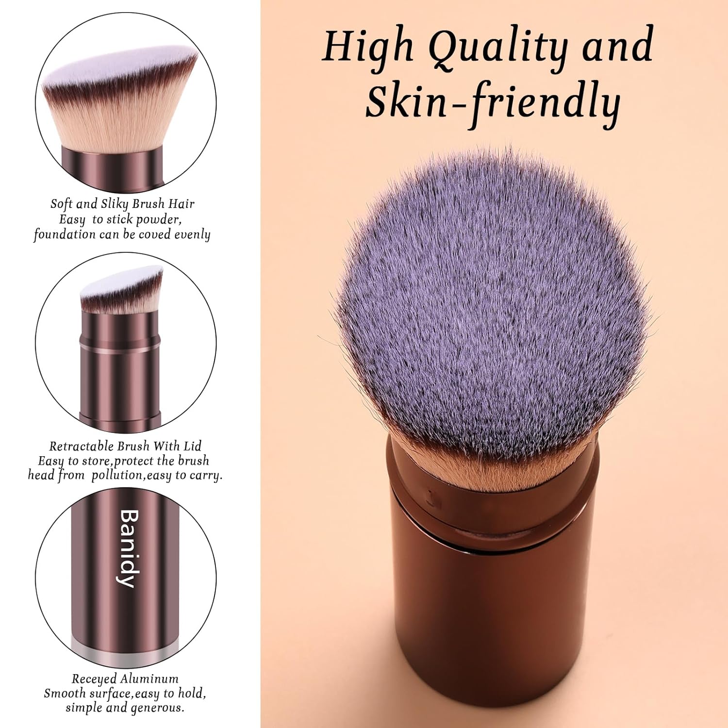 Makeup Brush Kabuki Face Brushes Retractable Travel Blush Kabuki Brush Portable Flawless for Foundation, Powder Blush, Bronzer, Buffing, Liquid, Cream, Cruelty Free with Cover(Brown) - Image 4