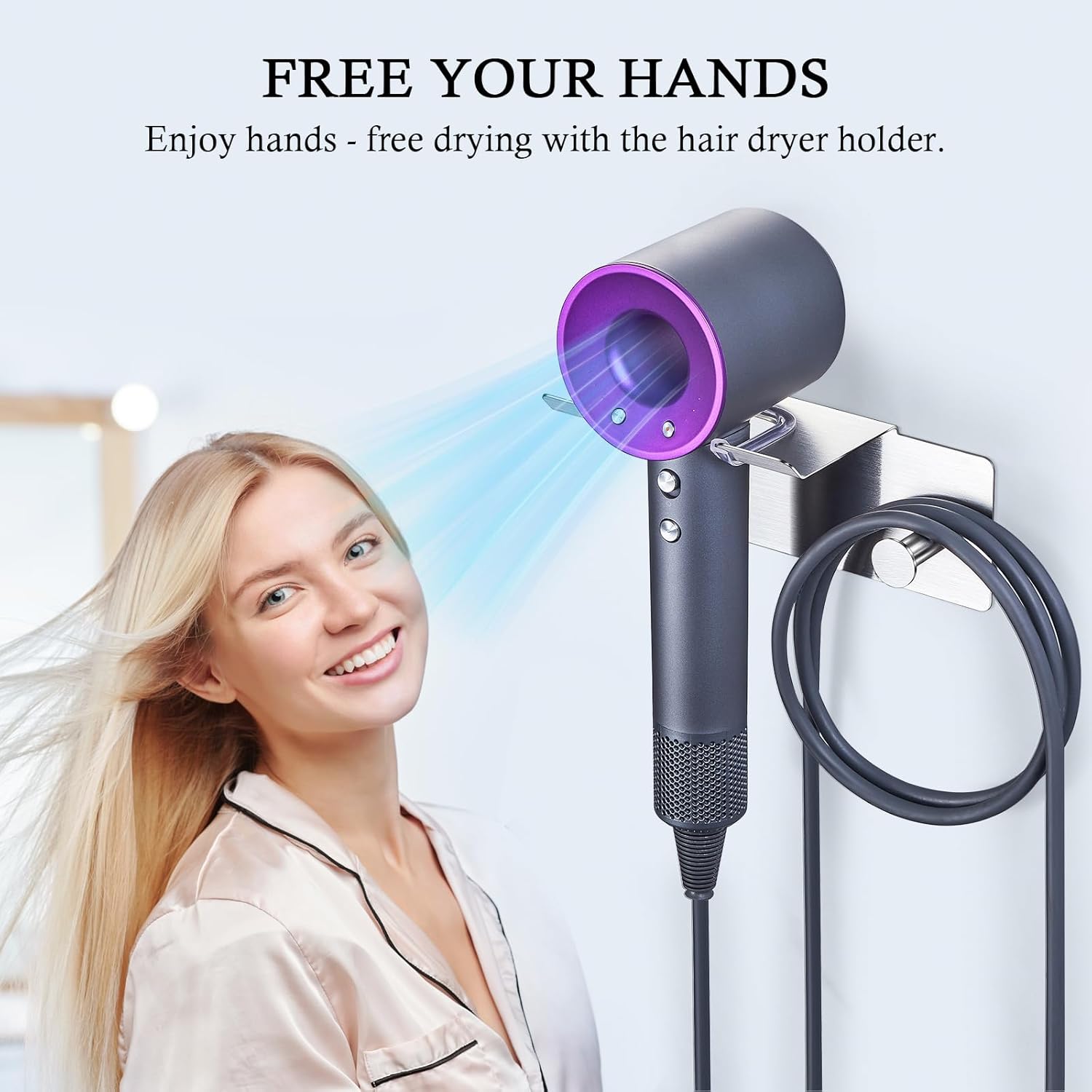 Hair Dryer Holder Wall Mounted, Stainless Steel Blow Dryer Holder, Hair Tool Organizer for Bathroom, Adhesive Hair Dryer Storage Organizer for Wall, Hanger for Hairdryer Blow Dryer - Image 8