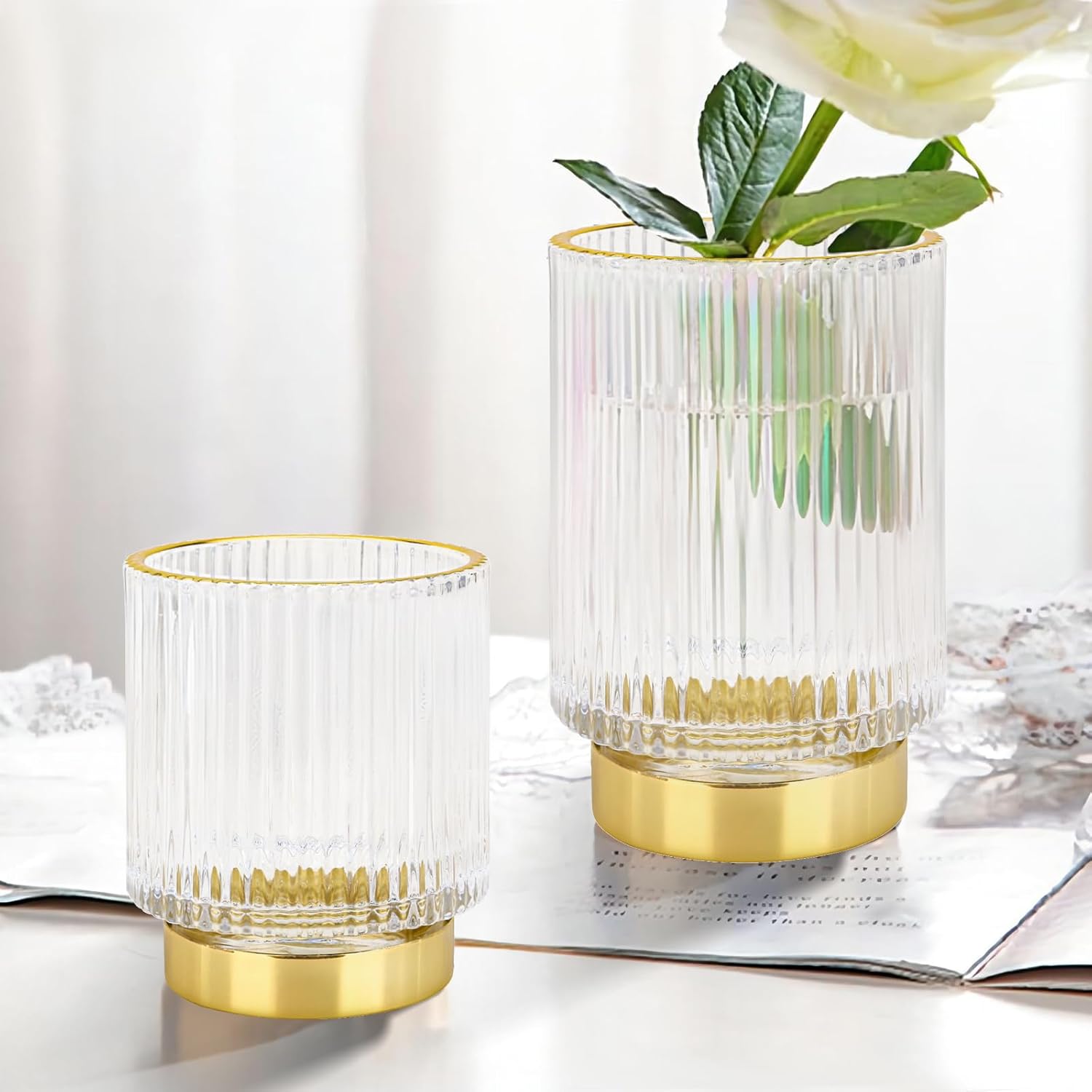 DASITON Makeup Brush holder Organizer,Crystal Cosmetic Makeup Brush Glass Brushes Storage Holder, Vintage Make Up Brush Cup Pen Pencil Holder striped vase(Clear S+L) - Image 2