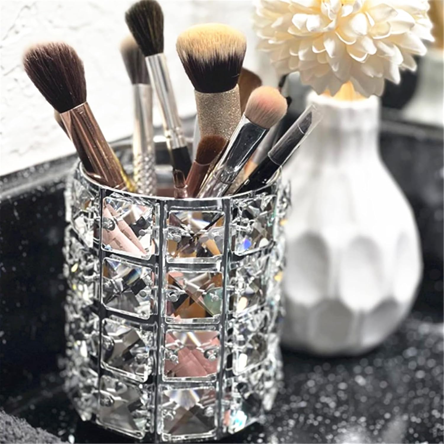 LUGUNU Makeup Brush Holder Organizer Golden Crystal Bling Personalized Gold Comb Brushes Pen Pencil Storage Box Container (Crystal Pot-Sliver) - Image 2