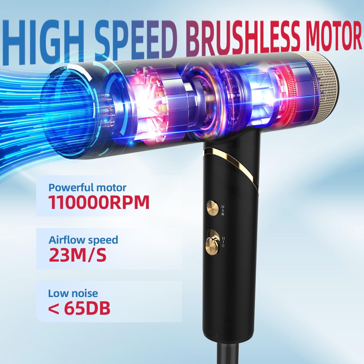 Professional Hair Dryer with Diffuser, Foldable Blow Dryer with Lightweight Design Compact Powerful & Fast Salon Hairdryer with High Speed Brushless Motor, Travel Hair Dryer Women Men (Black) - Image 2
