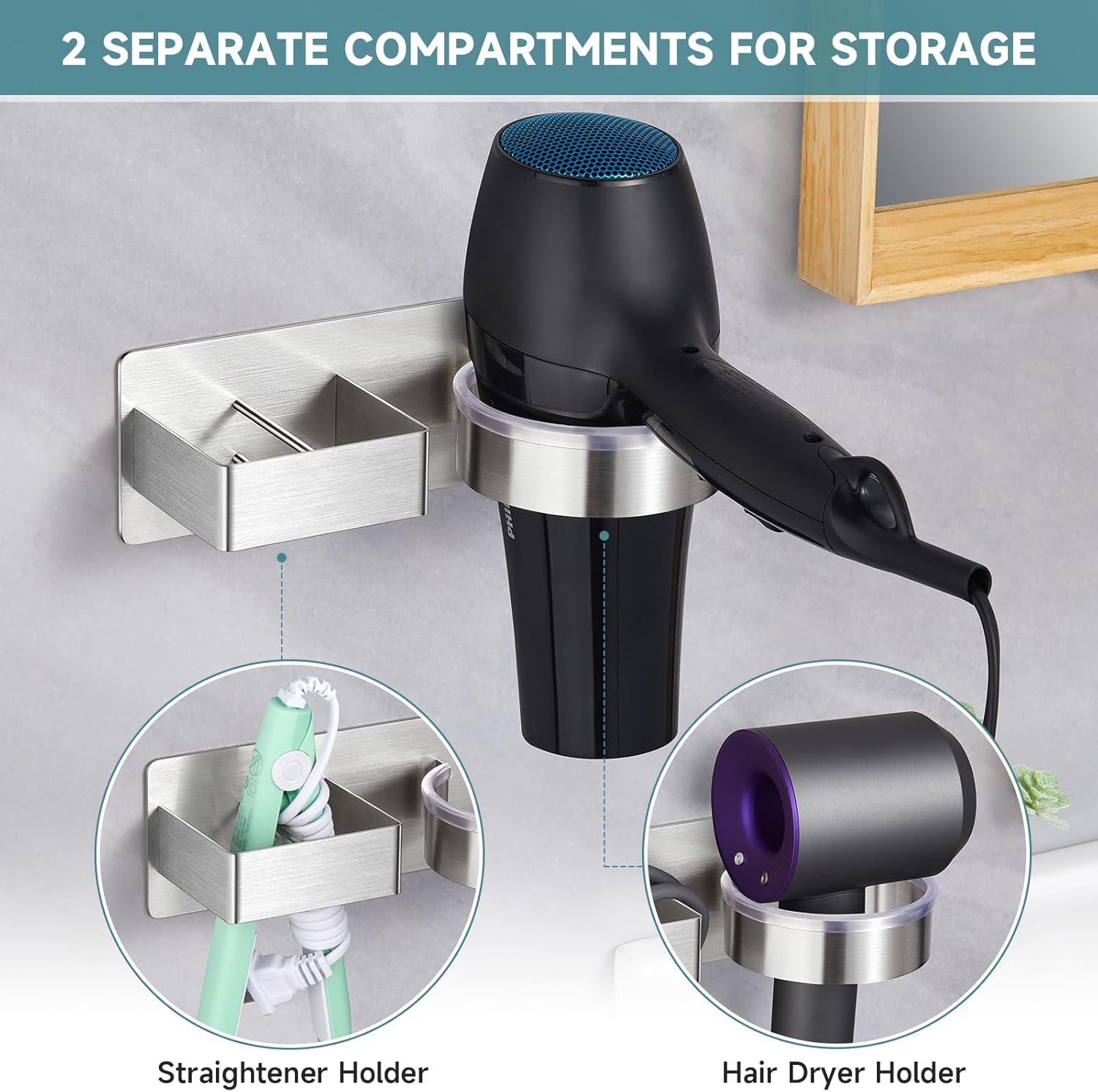 Hair Dryer Holder, Hair Tool Organizer, Stainless Steel Blow Dryer Holder Wall Mounted, Adhesive Straightener Holder, Bathroom Hair Care Styling for Flat Iron,Curling Iron,Hairdryer - Image 2