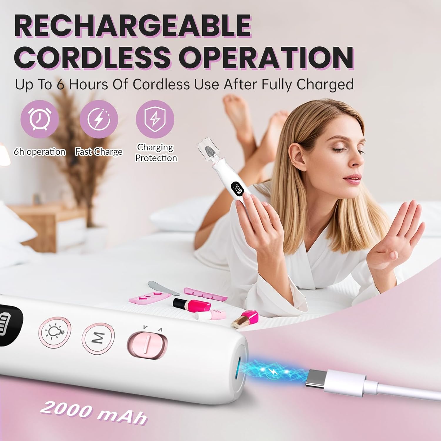 Electric Nail Drill, Cordless 2000 mAh Rechargeable Portable Nail File 12 in 1 Kit for Thick Toenails, 10 Speeds Nail Dril Machine Professional Manicure Pedicure for Hand Natural Nails Care (White) - Image 3