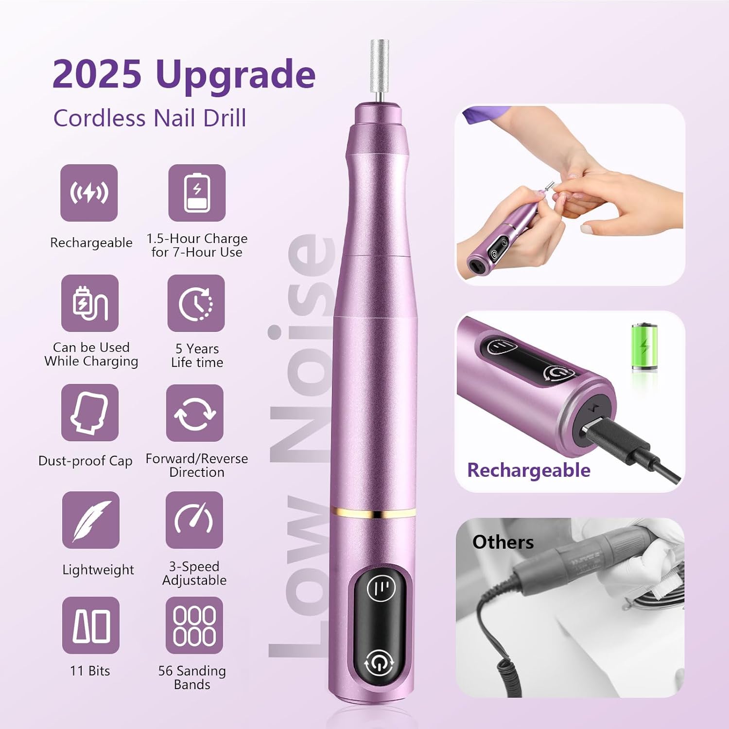 Cordless Nail Drill Electric Nail File Kit Rechargeable Professional Efile Nail Set, Portable Acrylic Gel Nail Polish Remover Machine Pedicure Manicure Tool, 11 Bits 56 Sanding Bands Salon Home - Image 4