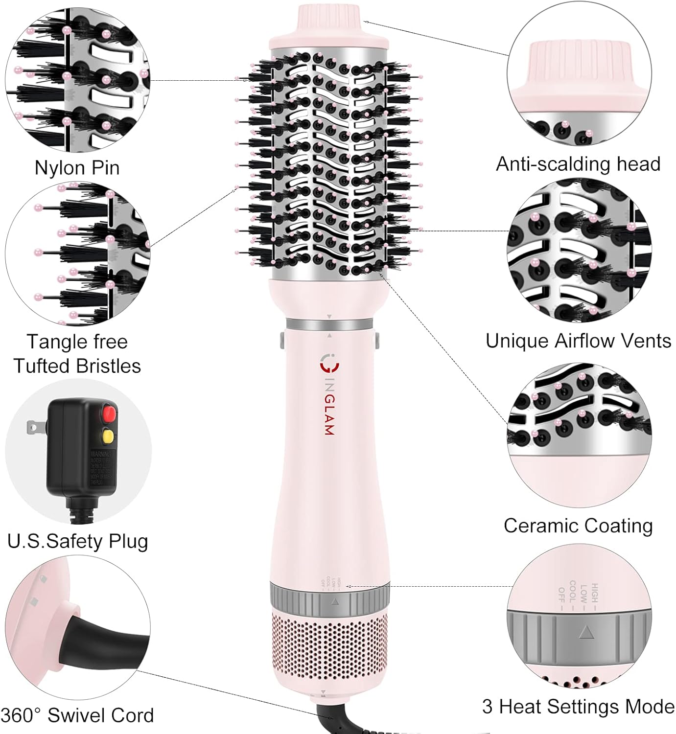 IG INGLAM 4 in 1 Blowout Hair Dryer Brush Set - Negative Ion Detachable Hair Dryer, Volumizer Styler with 2 Brush Heads, Pink - Image 7