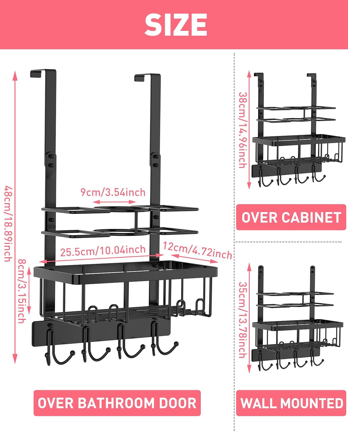 REFLYING Over-the-Door Hairdryer and Styling Tool Organizer, Metal, Black, 3 Compartments, 8 Hooks, 15"H x 10"W x 4.7"D - Image 7