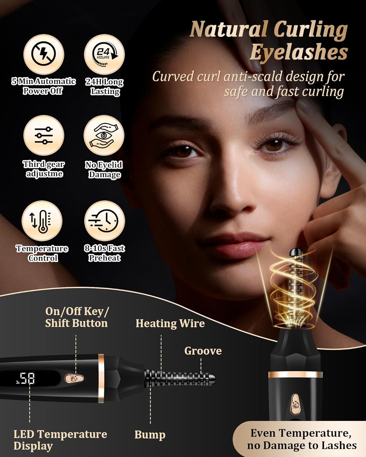 Heated Eyelash Curlers - Eye Lash Curler Heat with Eyelash Comb - Electric Eyelash Curler - Rizador De Pestañasey LED Display 3 Temp Settings USB Charge Natural Curling 24H for Women Makeup Tool Gifts - Image 7
