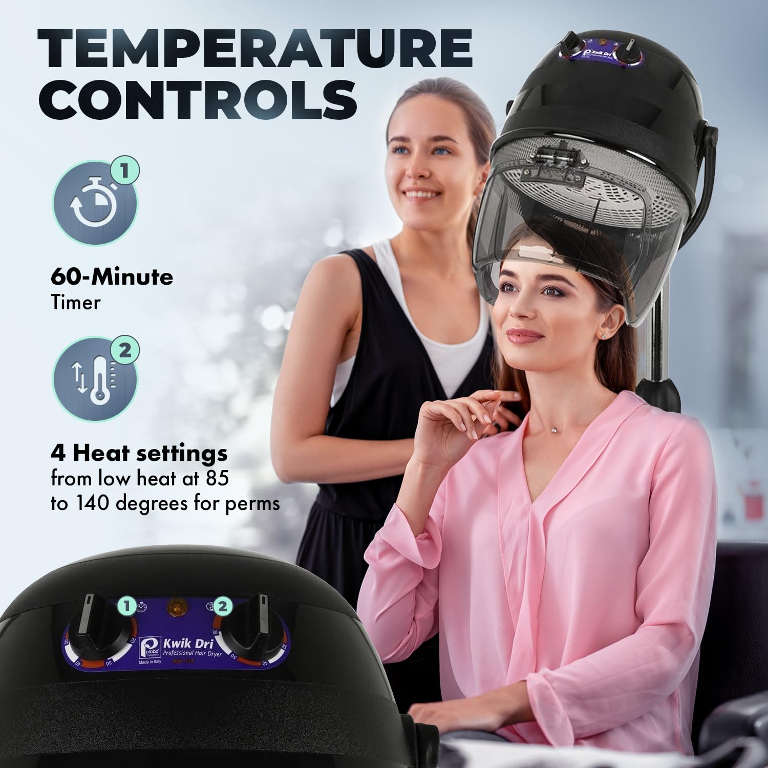 Kwik Dryer with Rolling Caster Base, 1100-Watt Salon Hair Dryer, Adjustable Height and Head, Flip Top Visor, Made in Italy, PIB-514 - Image 4