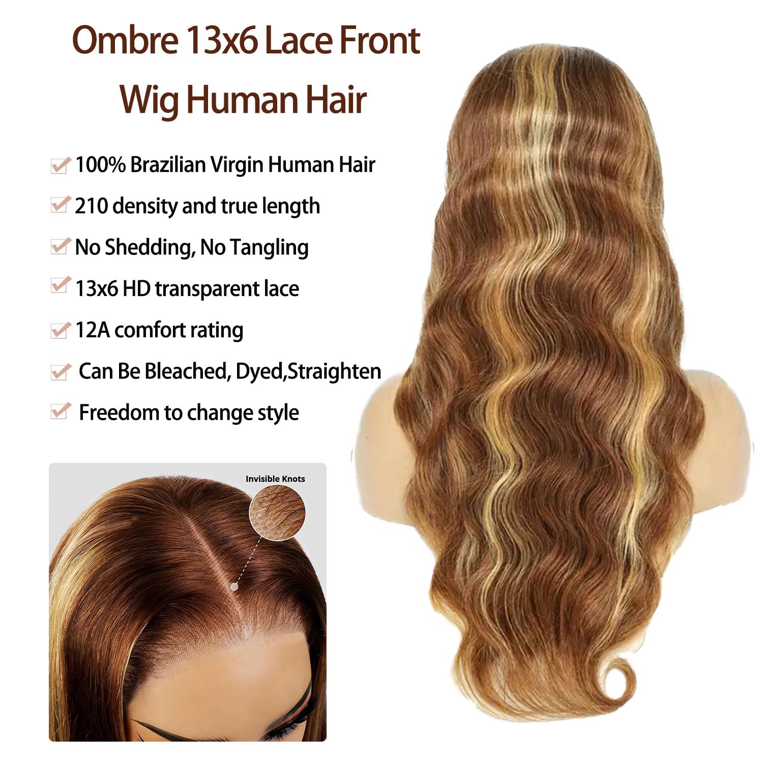 Real Human Hair Wig 30 Inch Ombre 13x6 Lace Front Wig Human Hair 210% Density 4/27 Highlight Wigs Honey Blonde Body Wave Lace Front Wig Pre Plucked HD Frontal Wig Glueless Wigs - Image 3
