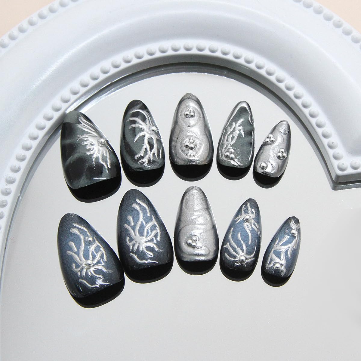 30Pcs Goth Press on Nails Medium Almond Fake Nails 3D Silver Alloy Chrome Glitter Design Y2k Glue on Nails Full Cover Glue on Nails Reusable Handmade Nails Black False Nails for Women Acrylic Nails - Image 3