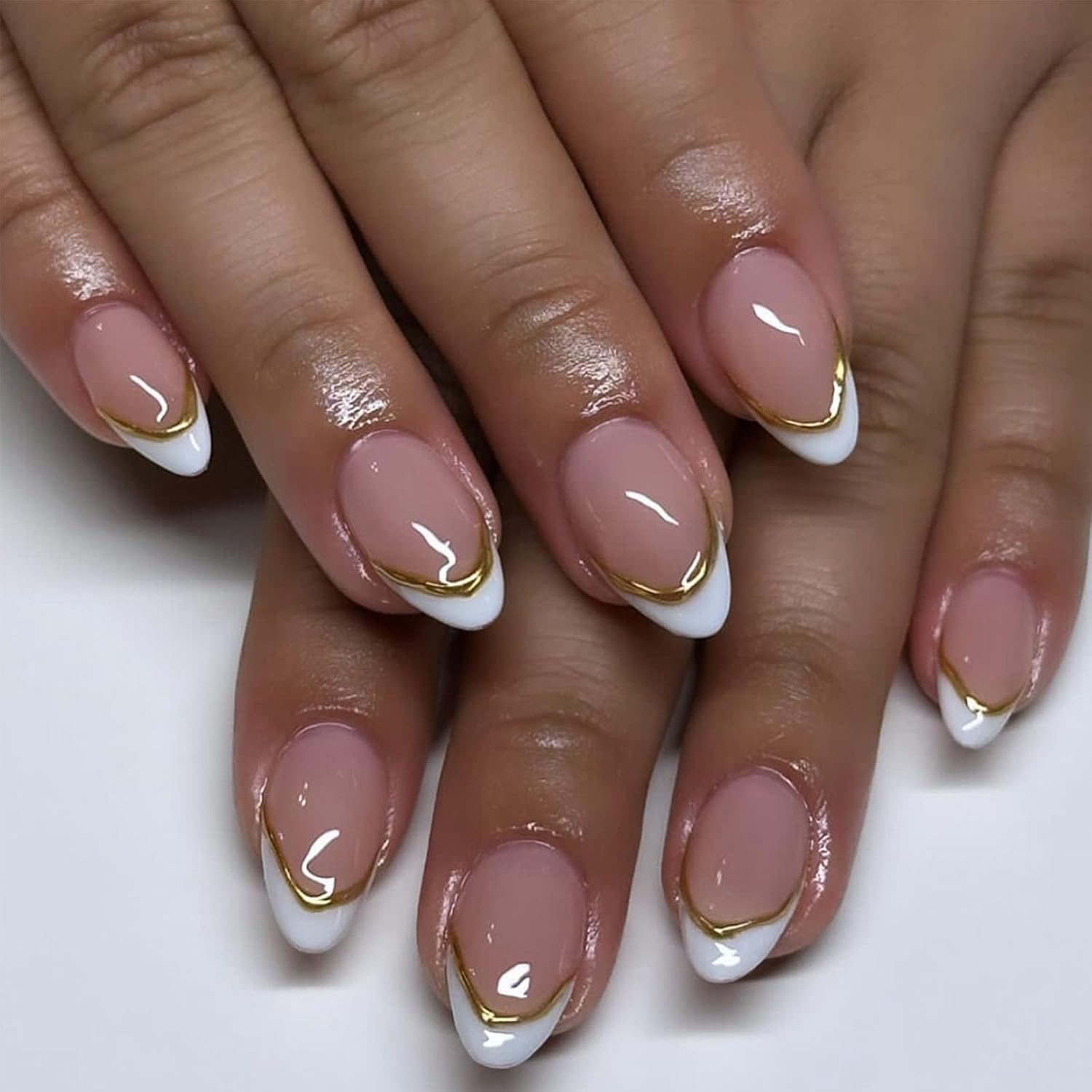Almond Press on Nails Medium Pink Fake Nails with 3D Gold Stripes Designs White French Tips Fall Nails Press ons Winter False Nails Acrylic Glue on Nails Glossy Stick on Nails for Women 24 Pcs