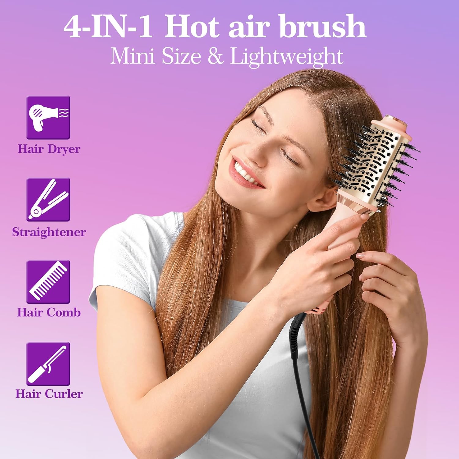 Hair Dryer Brush Blow Dryer Brush in One, 4-in-1 Hair Dryer Brush Blow Dryer with Oval Barrel, Mini Hot Air Brush for All Hair Types(Pink) - Image 2