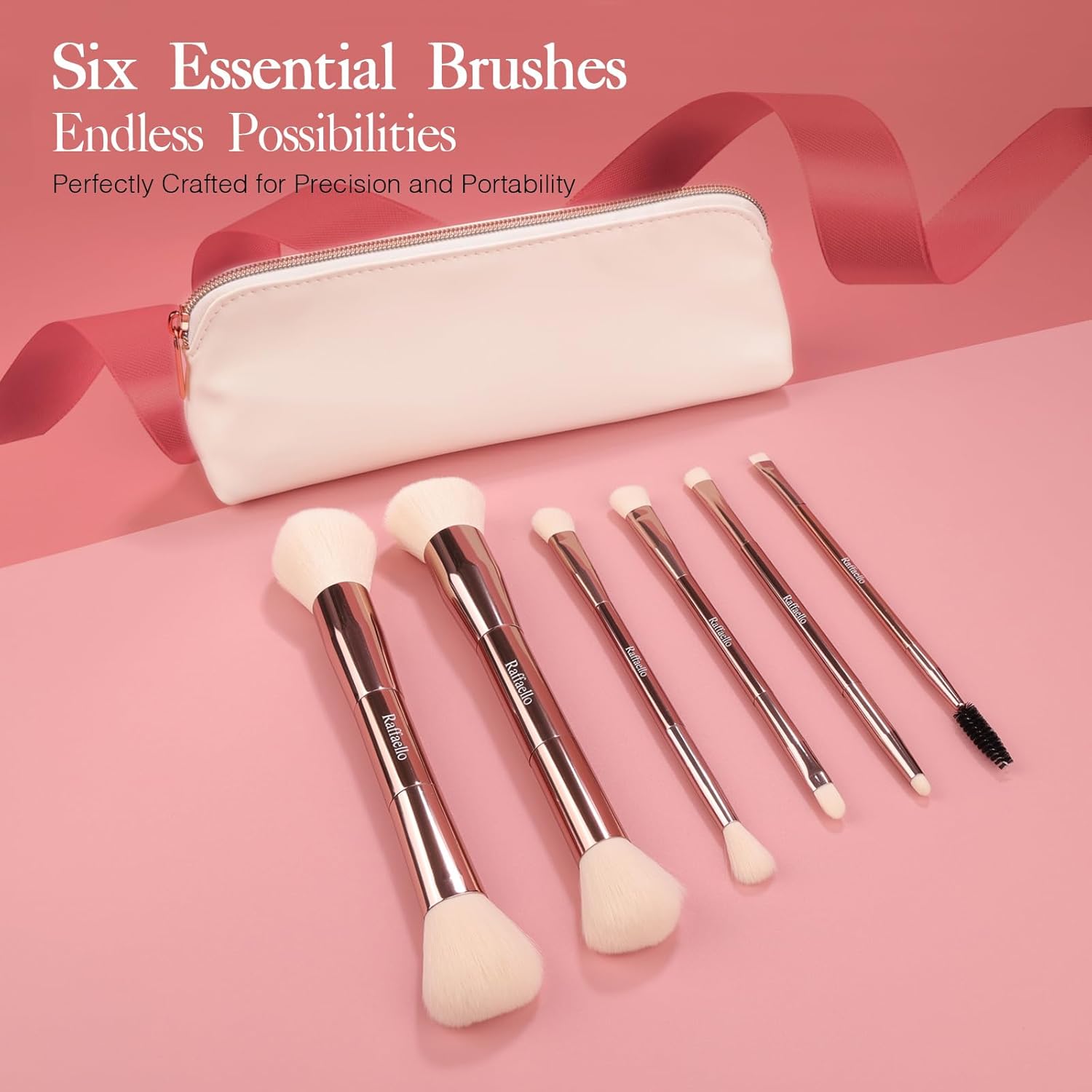Raffaello 6-in-12 Dual-Ended Makeup Brushes Set, Sustainable Rose Gold Brushes with Recycled Materials, Includes White Faux Leather Pouch, Professional Face & Eye Makeup Kit for Travel and Daily Use - Image 6